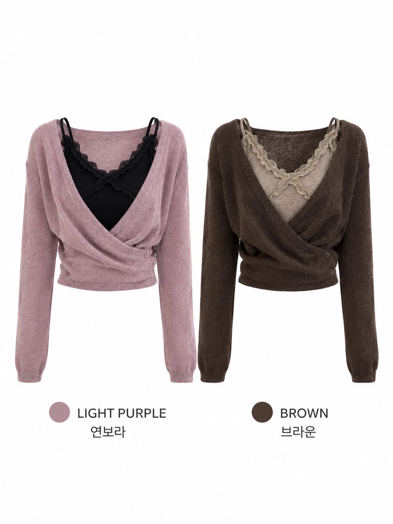 Lace Sleeveless Draped Wrap V-Neck Knit Set 레랩 레이스 나시 드레이프 랩 브이넥 니트 세트 사진 10