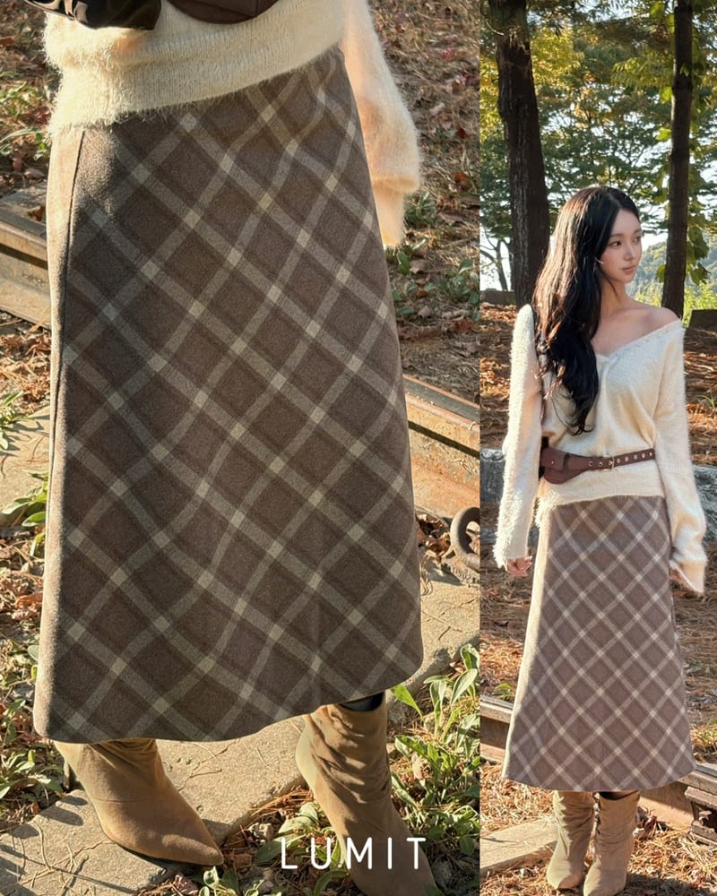 Checkered Semi-Mermaid Fit Long Skirt 배색 체크 세미머메이드핏 롱스커트 사진 1