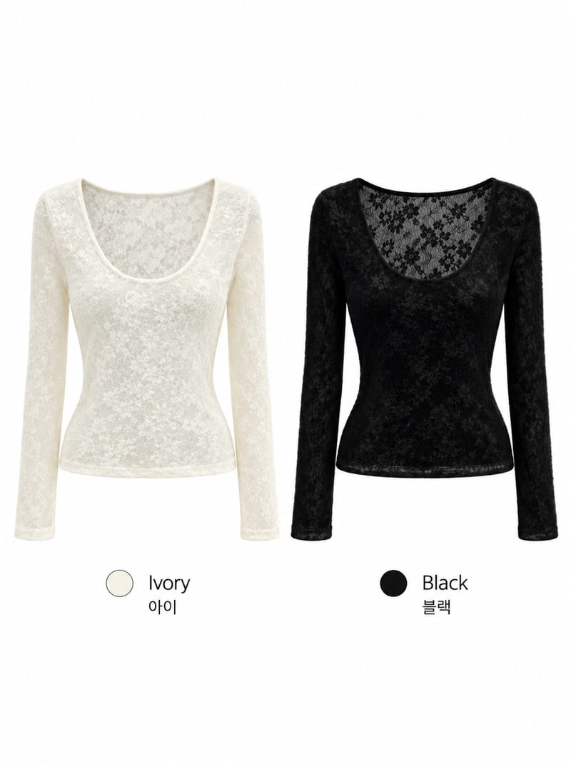 Deep U-Neck Flower See-Through Long Sleeve Tee 딥유넥 플라워 시스루 긴팔티 사진 18