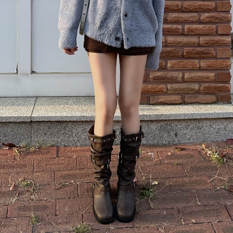 Stud Strap Belted Vintage-Washed Shirring Boots 스터드 스트랩 벨트 빈티지워싱 셔링 부츠 사진 1