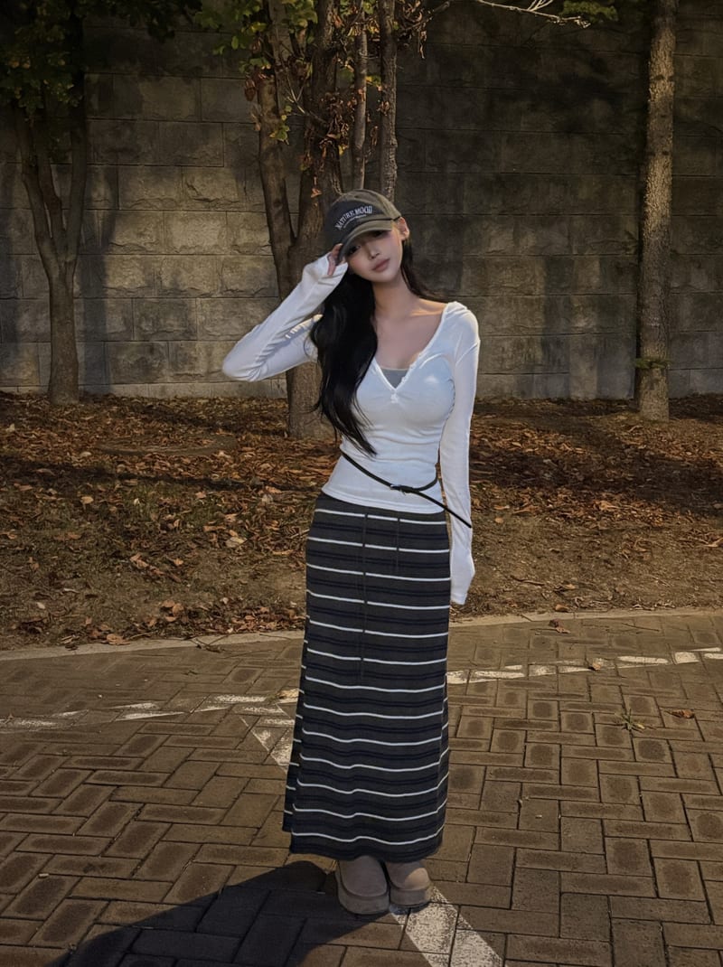 Wool color-block striped banding knit long skirt 울 배색 단가라 밴딩 니트 롱스커트 사진 15