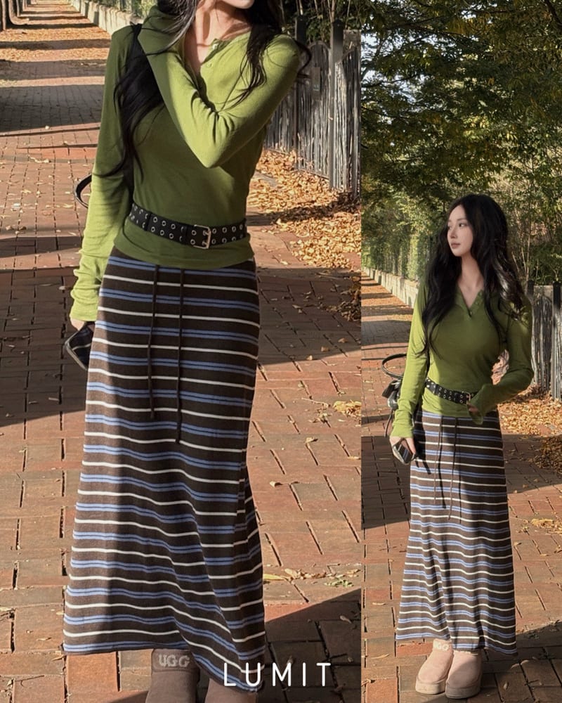 Wool color-block striped banding knit long skirt 울 배색 단가라 밴딩 니트 롱스커트 사진 1