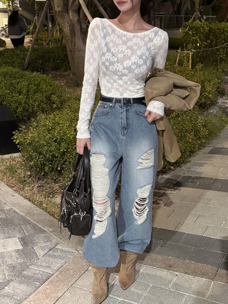 Deep U-Neck Flower See-Through Long Sleeve Tee 딥유넥 플라워 시스루 긴팔티 사진 6