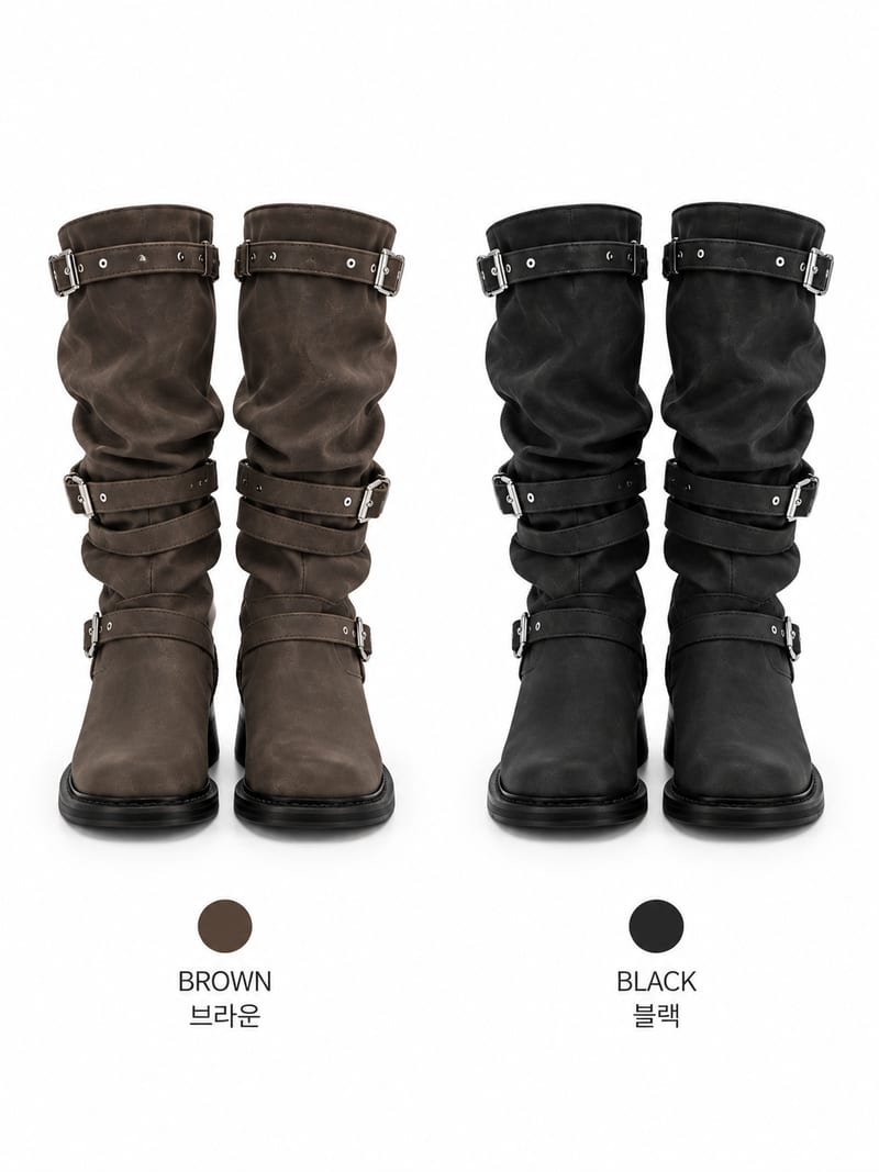 Stud Strap Belted Vintage-Washed Shirring Boots 스터드 스트랩 벨트 빈티지워싱 셔링 부츠 사진 7