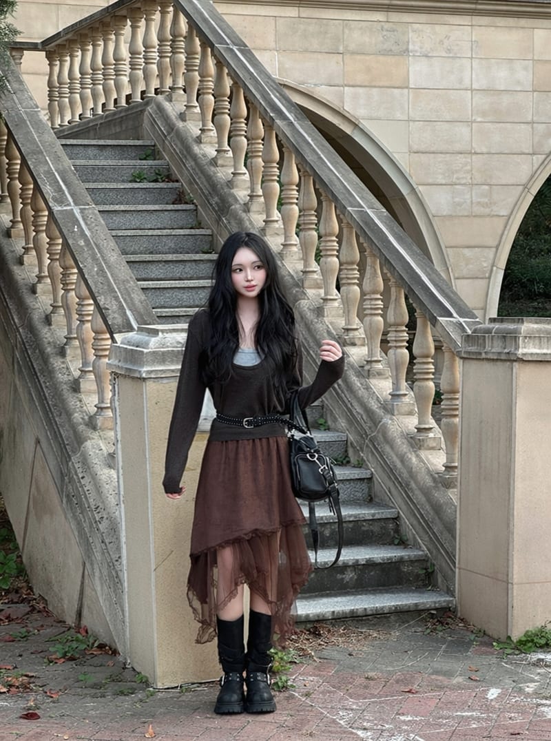 Asymmetrical Suede See-Through Lace Skirt 언발 스웨이드 시스루 레이스 스커트 사진 8
