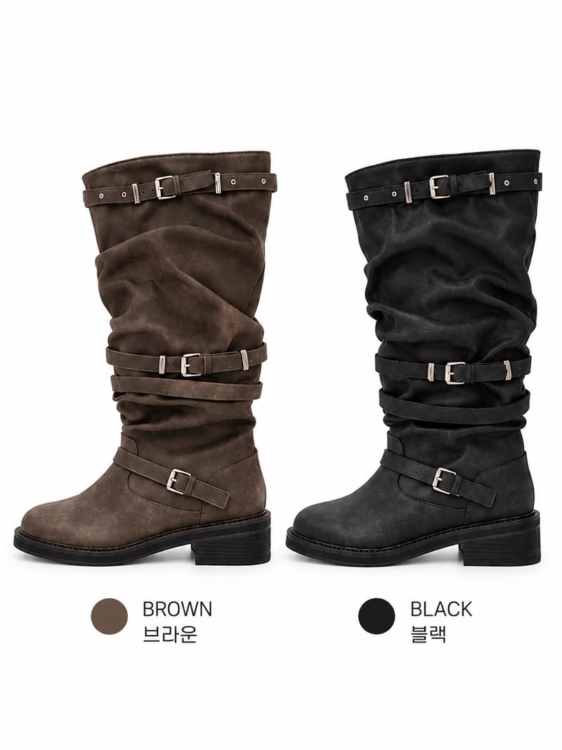 Stud Strap Belted Vintage-Washed Shirring Boots 스터드 스트랩 벨트 빈티지워싱 셔링 부츠 사진 6
