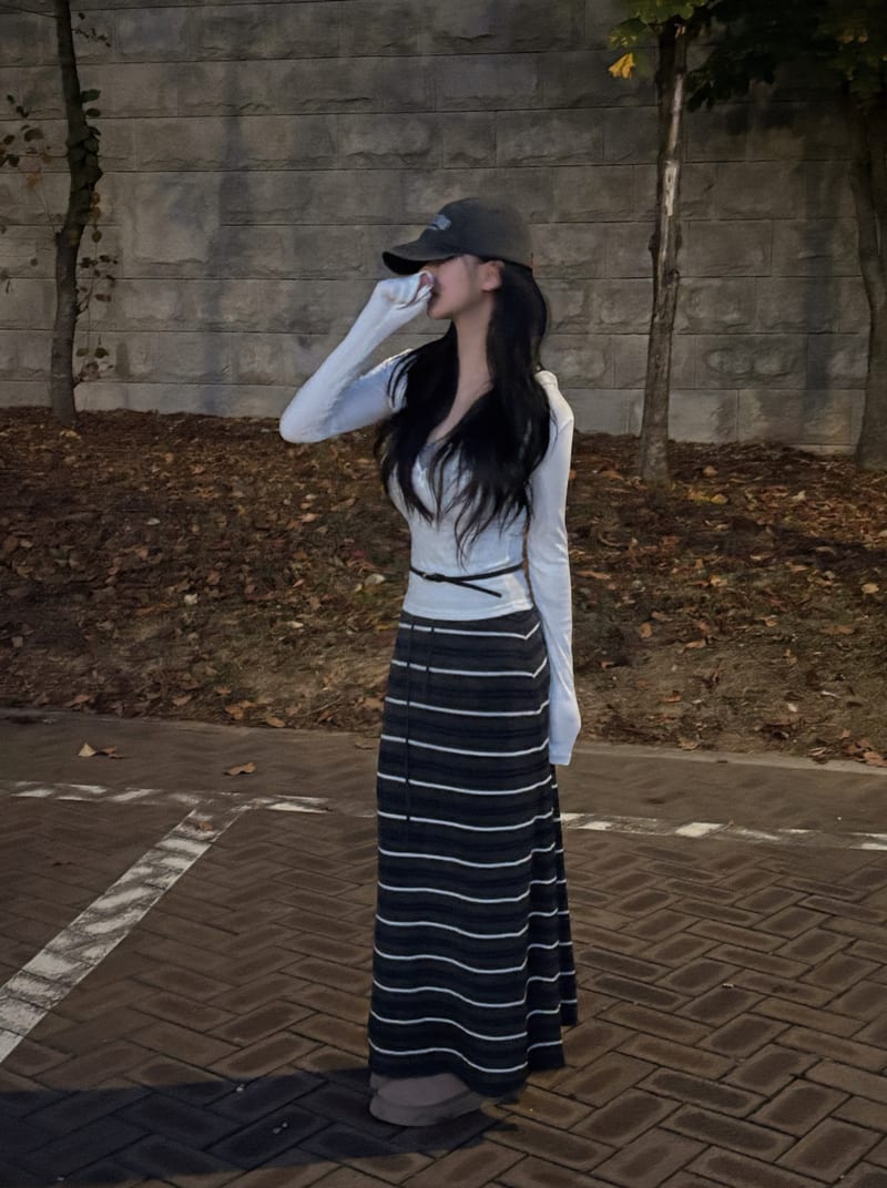 Wool color-block striped banding knit long skirt 울 배색 단가라 밴딩 니트 롱스커트 사진 14