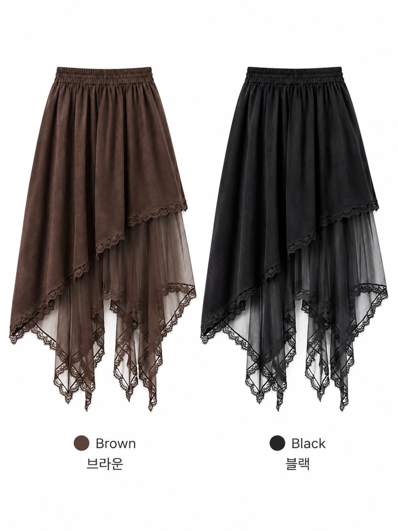 Asymmetrical Suede See-Through Lace Skirt 언발 스웨이드 시스루 레이스 스커트 사진 12