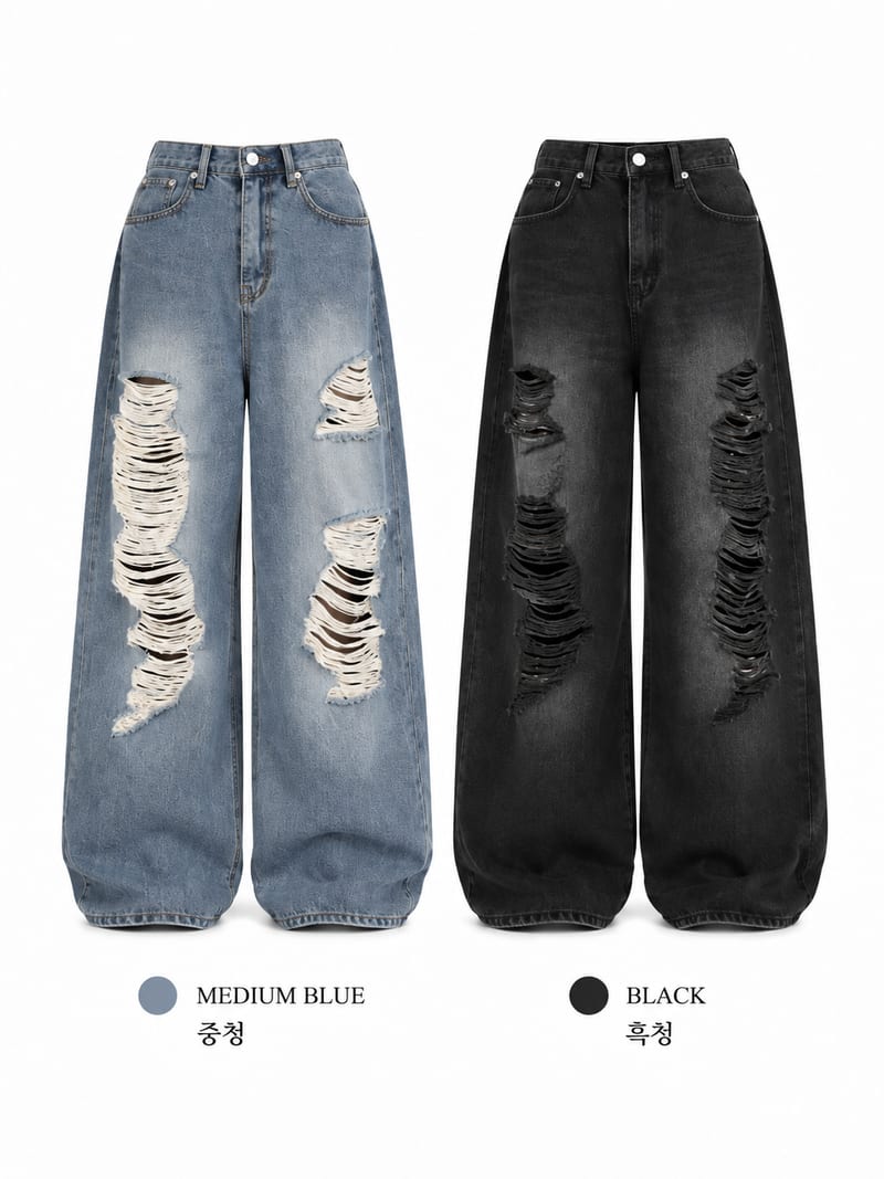 Vintage Washed distressed wide denim pants 빈티지 워싱 데미지 와이드 데님 팬츠 사진 15