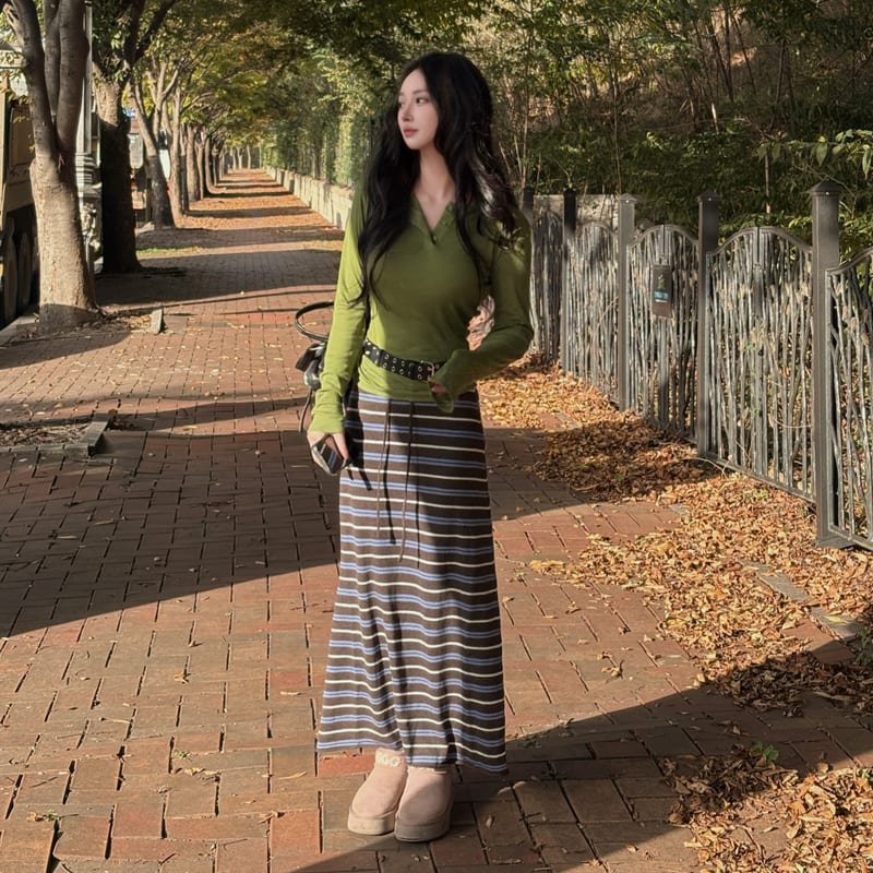 Wool color-block striped banding knit long skirt 울 배색 단가라 밴딩 니트 롱스커트 사진 1