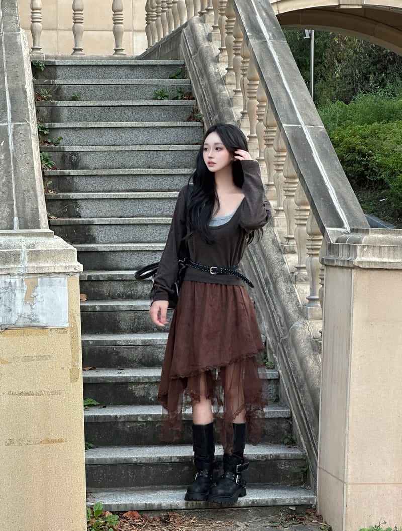 Asymmetrical Suede See-Through Lace Skirt 언발 스웨이드 시스루 레이스 스커트 사진 3