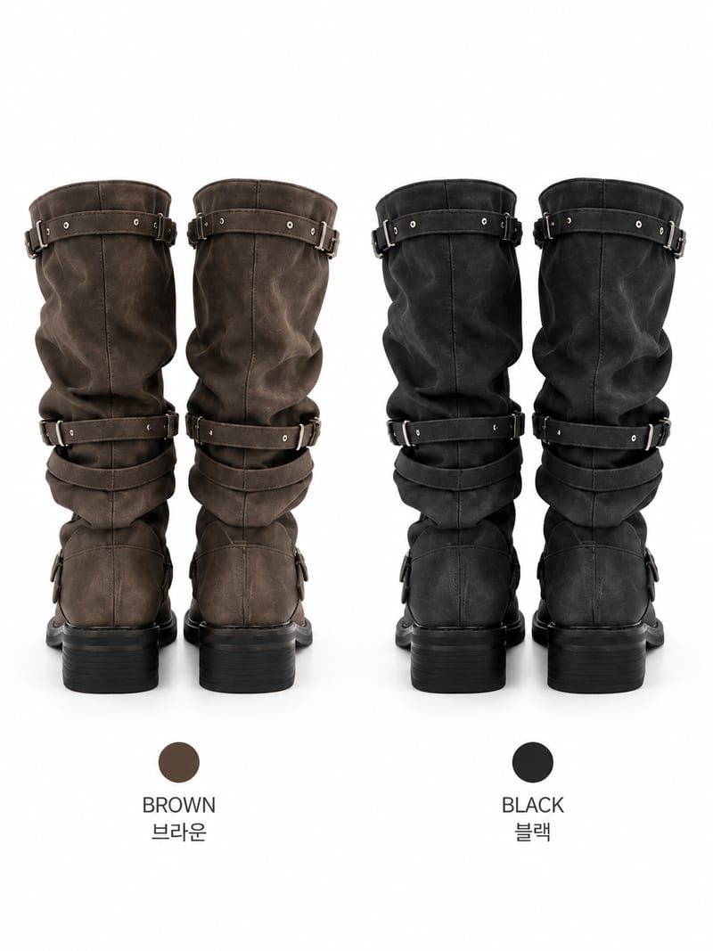 Stud Strap Belted Vintage-Washed Shirring Boots 스터드 스트랩 벨트 빈티지워싱 셔링 부츠 사진 8