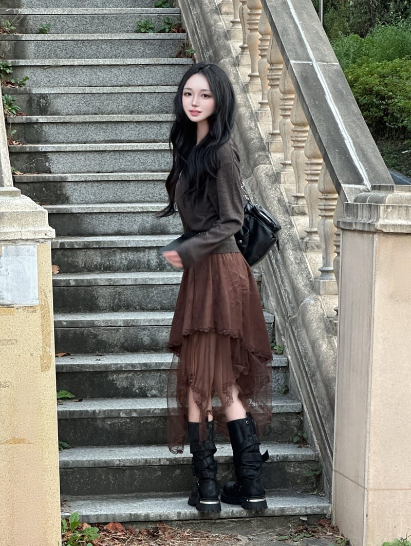 Asymmetrical Suede See-Through Lace Skirt 언발 스웨이드 시스루 레이스 스커트 사진 7