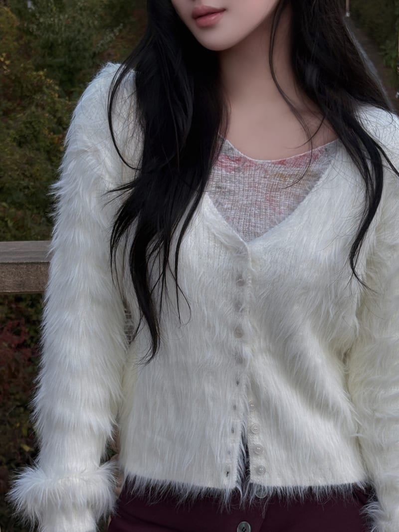 Button-Heathered Long-Pore V-Neck Cardigan 버튼 헤어리 롱퍼 브이넥 가디건 사진 10