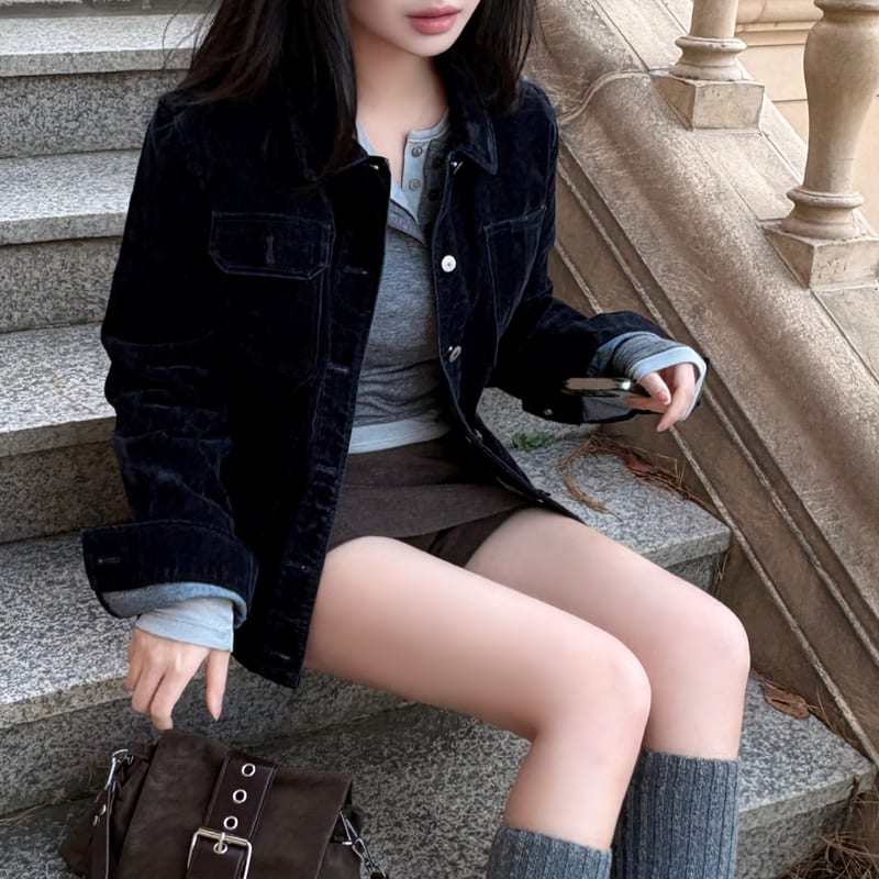 Washed Velvet Pocket Denim Jacket 워시드 벨벳 포켓 데님 자켓 사진 1