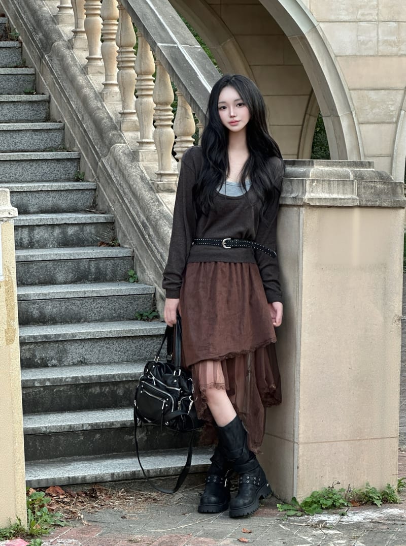 Asymmetrical Suede See-Through Lace Skirt 언발 스웨이드 시스루 레이스 스커트 사진 9