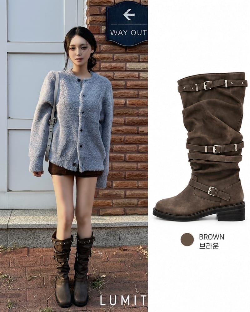 Stud Strap Belted Vintage-Washed Shirring Boots 스터드 스트랩 벨트 빈티지워싱 셔링 부츠 사진 1