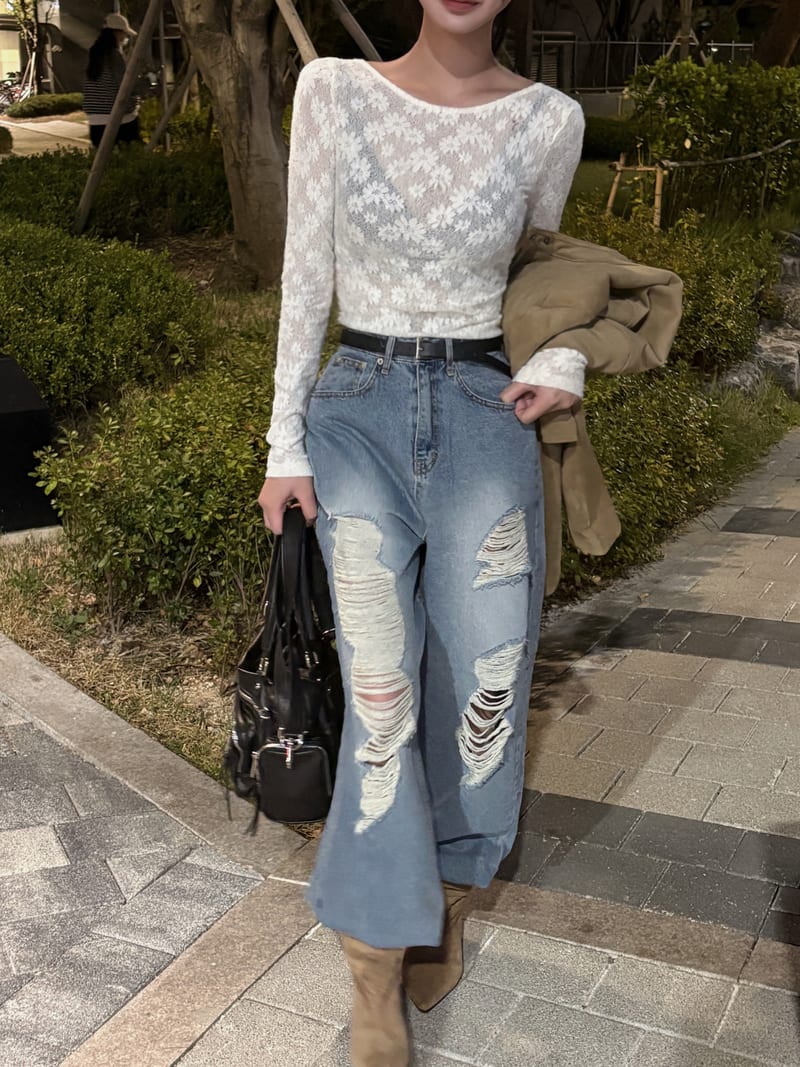Deep U-Neck Flower See-Through Long Sleeve Tee 딥유넥 플라워 시스루 긴팔티 사진 7