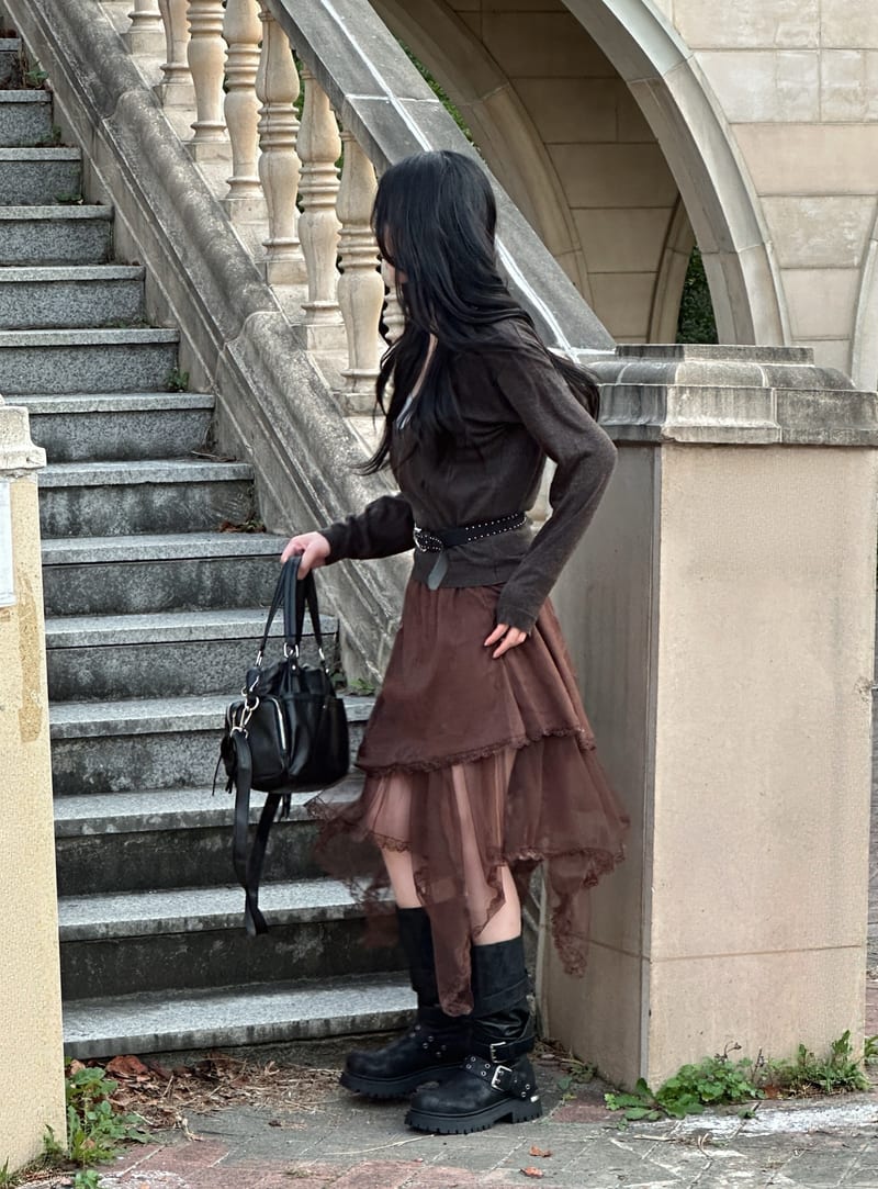 Asymmetrical Suede See-Through Lace Skirt 언발 스웨이드 시스루 레이스 스커트 사진 5