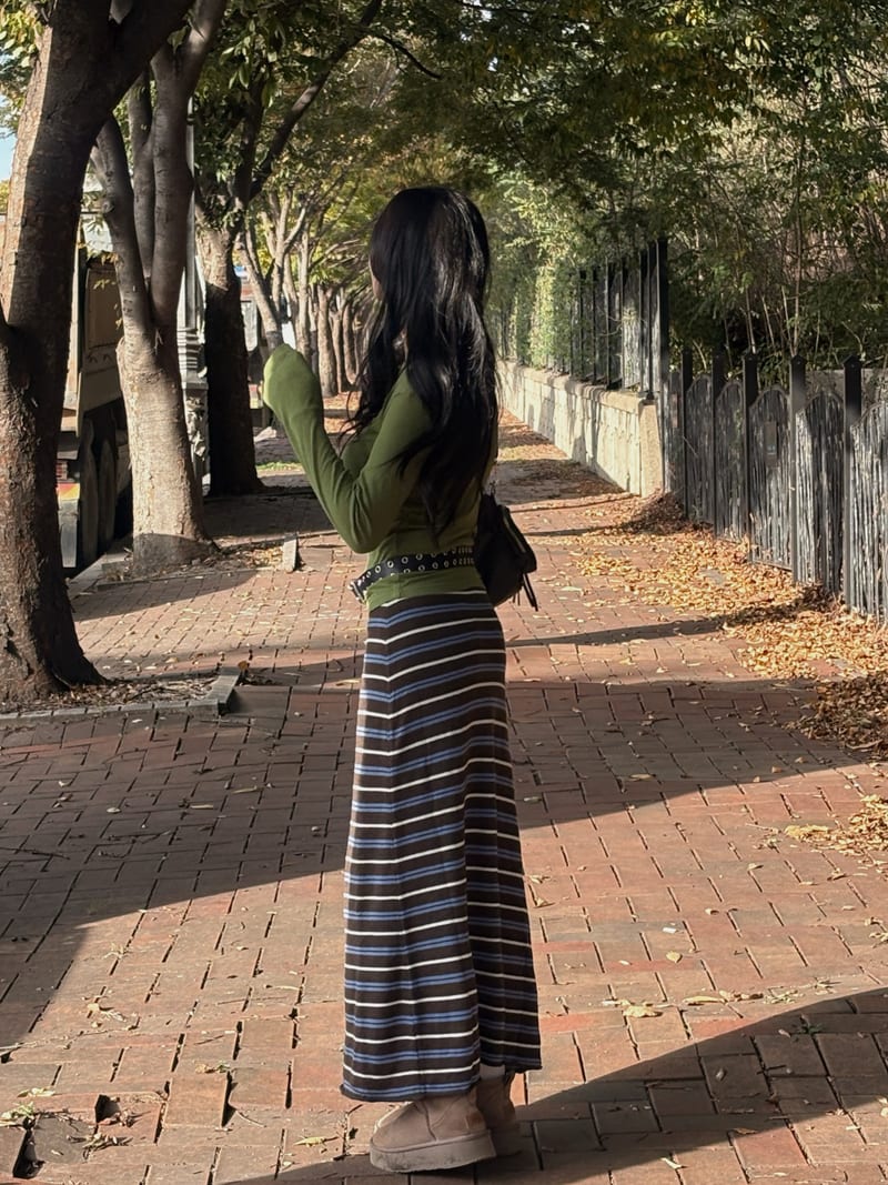 Wool color-block striped banding knit long skirt 울 배색 단가라 밴딩 니트 롱스커트 사진 6