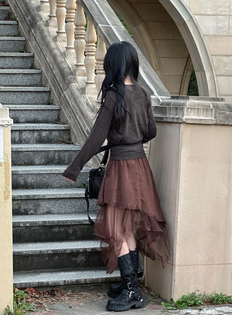 Asymmetrical Suede See-Through Lace Skirt 언발 스웨이드 시스루 레이스 스커트 사진 6