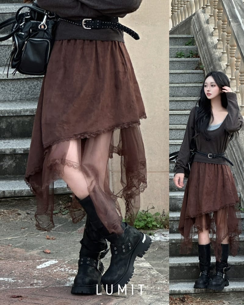 Asymmetrical Suede See-Through Lace Skirt 언발 스웨이드 시스루 레이스 스커트 사진 1